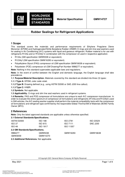 GMW 14727-2021Rubber Sealings For Refrigerant Applications (Issue 5; English)
