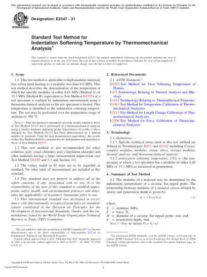 ASTM E2347-2021Standard Test Method for Indentation Softening Temperature by Thermomechanical Analysis