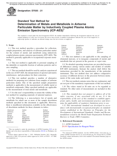 ASTM D7035-2021Standard Test Method for Determination of Metals and Metalloids in Airborne Particulate Matter by Inductively Coupled Plasma Atomic Emission Spectrometry (ICP-AES)