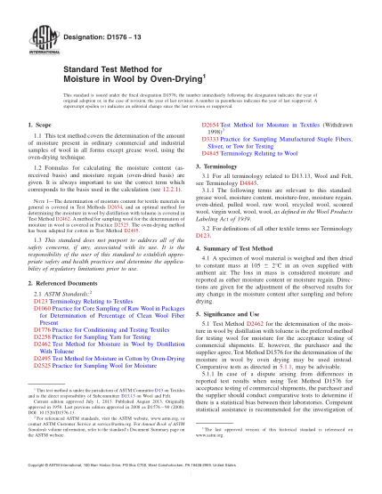 ASTM D1576-2013用爐烘干法測定羊毛水份的試驗方法Standard Test Method for Moisture in Wool by Oven-Drying