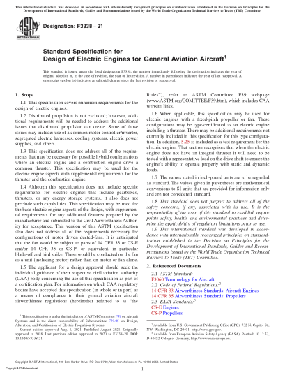 ASTM F3338-2021Standard Specification for Design of Electric Engines for General Aviation Aircraft