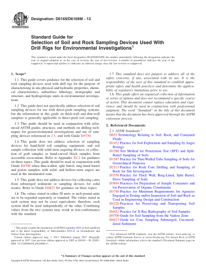 ASTM D6169/D6169M-2013環(huán)境調(diào)查用與帶鉆探平臺一起使用的土壤和巖石取樣裝置的選擇指南Standard Guide for Selection of Soil and Rock Sampling Devices Used With Drill Rigs for Environmental Investigations