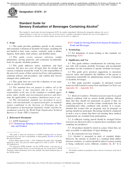 ASTM E1879-2021Standard Guide for Sensory Evaluation of Beverages Containing Alcohol