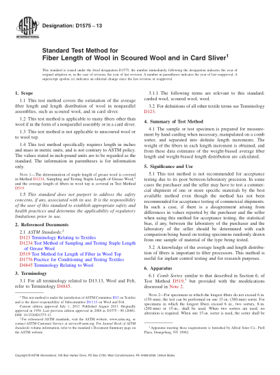ASTM D1575-2013洗凈羊毛和粗梳條子羊毛纖維長度測試方法Standard Test Method for Fiber Length of Wool in Scoured Wool and in Card Sliver