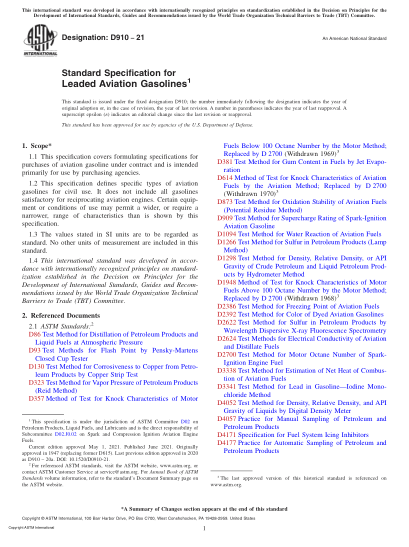 ASTM D910-2021Standard Specification for Leaded Aviation Gasolines