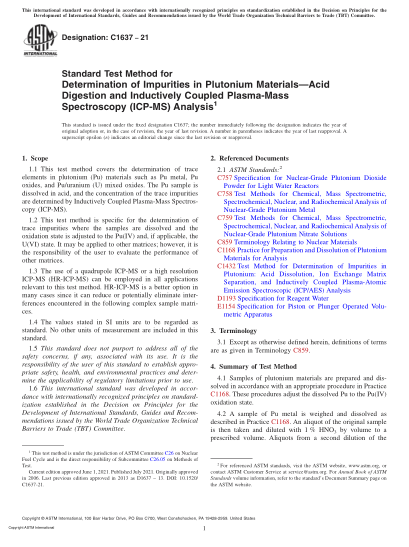 ASTM C1637-2021Standard Test Method for Determination of Impurities in Plutonium Materials—Acid Digestion and Inductively Coupled Plasma-Mass Spectroscopy (ICP-MS) Analysis