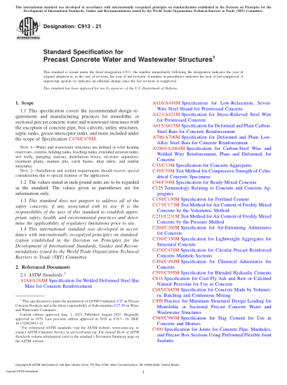 ASTM C913-2021Standard Specification for Precast Concrete Water and Wastewater Structures
