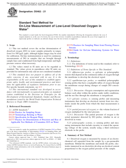 ASTM D5462-2021Standard Test Method for On-Line Measurement of Low-Level Dissolved Oxygen in Water