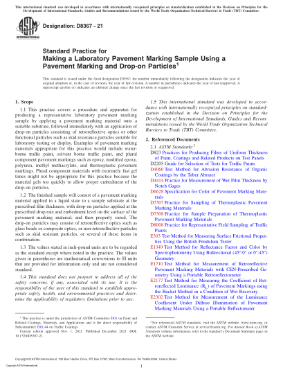 ASTM D8367-2021Standard Practice for Making a Laboratory Pavement Marking Sample Using a Pavement Marking and Drop-on Particles