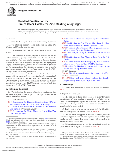 ASTM B908-2021Standard Practice for the Use of Color Codes for Zinc Casting Alloy Ingot