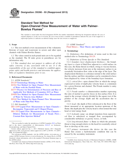 ASTM D5390-1993(2013)用帕瑪柏樂槽測量明渠水流量的試驗方法Standard Test Method for Open-Channel Flow Measurement of Water with Palmer-Bowlus Flumes