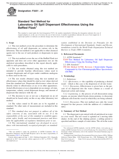 ASTM F3251-2021Standard Test Method for Laboratory Oil Spill Dispersant Effectiveness Using the Baffled Flask