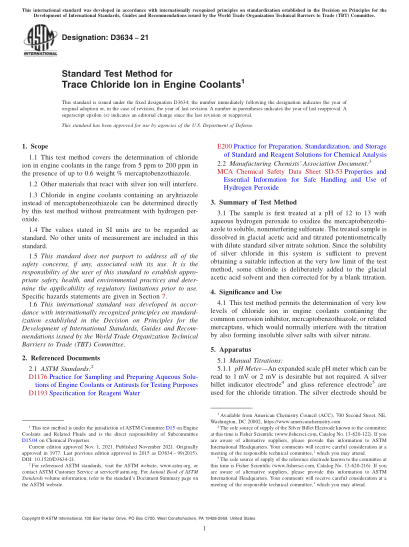 ASTM D3634-2021Standard Test Method for Trace Chloride Ion in Engine Coolants
