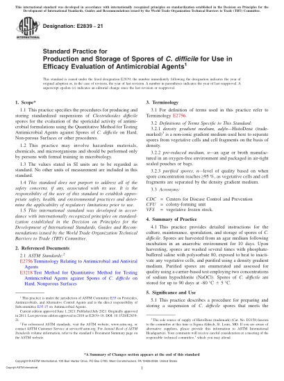 ASTM E2839-2021Standard Practice for Production and Storage of Spores of C. difficile for Use in Efficacy Evaluation of Antimicrobial Agents