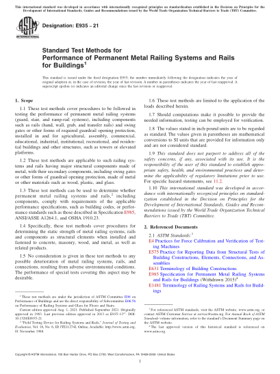 ASTM E935-2021Standard Test Methods for Performance of Permanent Metal Railing Systems and Rails for Buildings