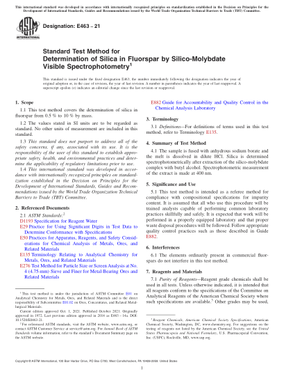 ASTM E463-2021Standard Test Method for Determination of Silica in Fluorspar by Silico-Molybdate Visible Spectrophotometry