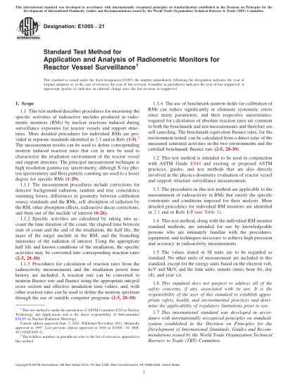 ASTM E1005-2021Standard Test Method for Application and Analysis of Radiometric Monitors for Reactor Vessel Surveillance