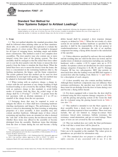 ASTM F2927-2021受風(fēng)荷載作用的門系統(tǒng)的標(biāo)準(zhǔn)試驗(yàn)方法Standard Test Method for Door Systems Subject to Airblast Loadings