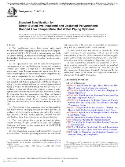 ASTM C1847-2021直埋預絕緣和夾套聚氨酯粘合低溫熱水管道系統(tǒng)的標準規(guī)范Standard Specification for Direct Buried Pre-Insulated and Jacketed Polyurethane Bonded Low Temperature Hot Water Piping Systems