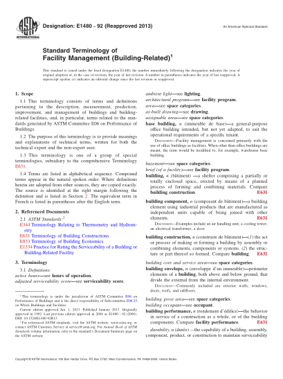 ASTM E1480-1992(2013)設(shè)備管理術(shù)語(與建筑物有關(guān))Standard Terminology of Facility Management (Building-Related)