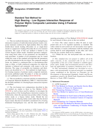 ASTM D7248/D7248M-2021Standard Test Method for High Bearing - Low Bypass Interaction Response of Polymer Matrix Composite Laminates Using 2-Fastener Specimens