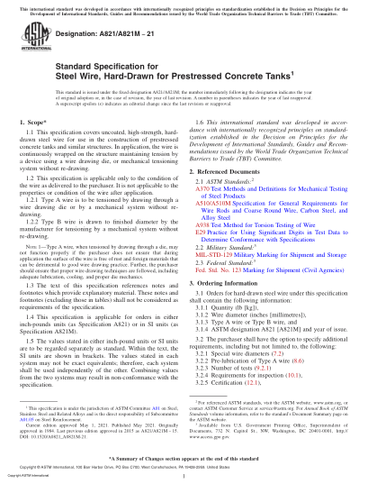 ASTM A821/A821M-2021Standard Specification for Steel Wire, Hard-Drawn for Prestressed Concrete Tanks