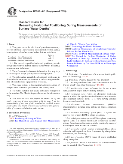 ASTM D5906-2002(2013)地表水深度測(cè)量期間水平位置測(cè)量指南Standard Guide for Measuring Horizontal Positioning During Measurements of Surface Water Depths