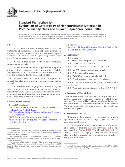 ASTM E2526-2008(2013)Standard Test Method for Evaluation of Cytotoxicity of Nanoparticulate Materials in Porcine Kidney Cells and Human Hepatocarcinoma Cells