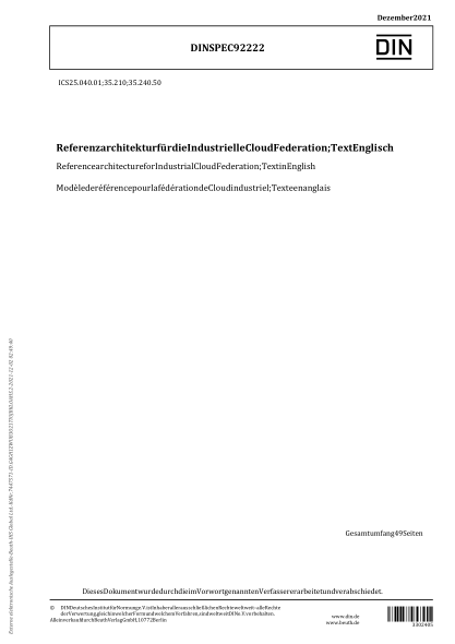 DIN SPEC 92222-2021Reference architecture for Industrial Cloud Federation; Text in English