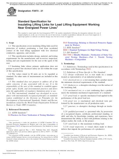 ASTM F2973-2021Standard Specification for Insulating Lifting Links for Load Lifting Equipment Working Near Energized Power Lines