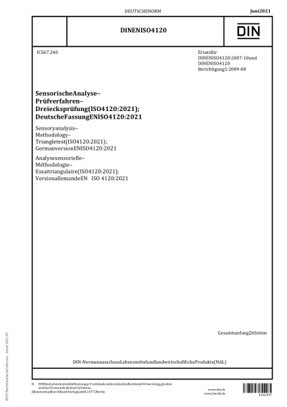 DIN EN ISO 4120-2021Sensory analysis - Methodology - Triangle test (ISO 4120:2021); German version EN ISO 4120:2021