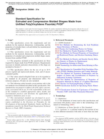 ASTM D8366-2021aStandard Specification for Extruded and Compression Molded Shapes Made from Unfilled Poly(Vinylidene Fluoride) PVDF