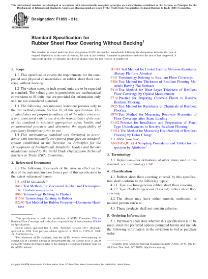 ASTM F1859-2021aStandard Specification for Rubber Sheet Floor Covering Without Backing