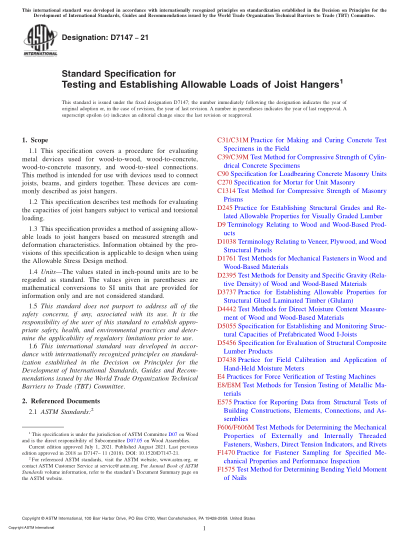 ASTM D7147-2021Standard Specification for Testing and Establishing Allowable Loads of Joist Hangers