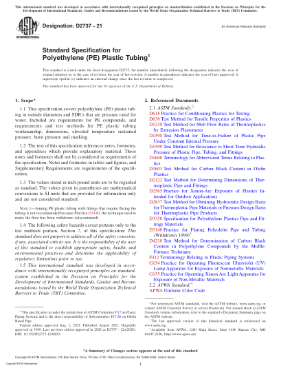 ASTM D2737-2021Standard Specification for Polyethylene (PE) Plastic Tubing