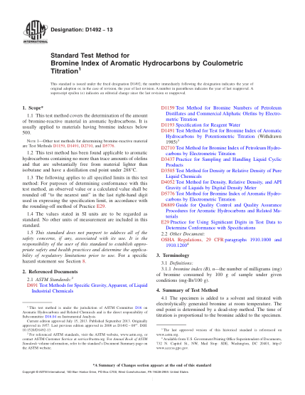 ASTM D1492-2013用庫(kù)侖滴定法測(cè)定芳烴溴指數(shù)值的試驗(yàn)方法Standard Test Method for Bromine Index of Aromatic Hydrocarbons by Coulometric Titration