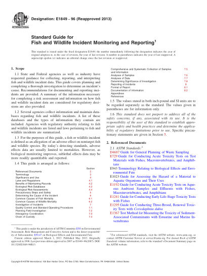 ASTM E1849-1996(2013)Standard Guide for Fish and Wildlife Incident Monitoring and Reporting