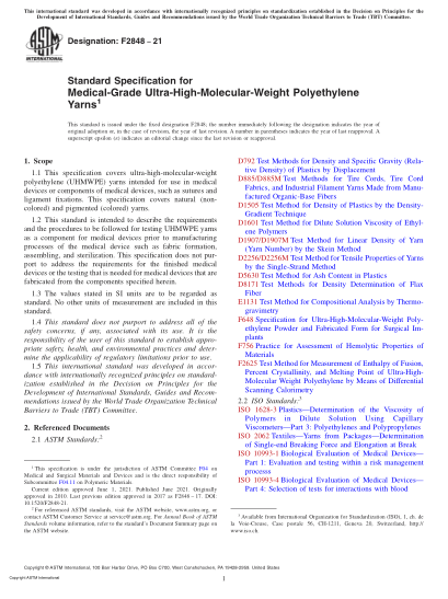 ASTM F2848-2021Standard Specification for Medical-Grade Ultra-High-Molecular-Weight Polyethylene Yarns