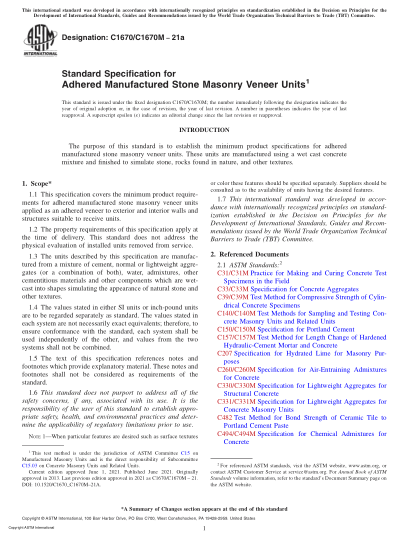 ASTM C1670/C1670M-2021aStandard Specification for Adhered Manufactured Stone Masonry Veneer Units