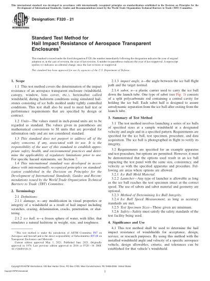 ASTM F320-2021Standard Test Method for Hail Impact Resistance of Aerospace Transparent Enclosures