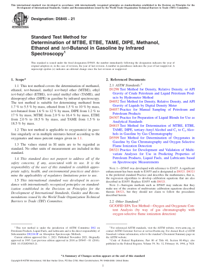 ASTM D5845-2021Standard Test Method for Determination of MTBE, ETBE, TAME, DIPE, Methanol, Ethanol and tert-Butanol in Gasoline by Infrared Spectroscopy