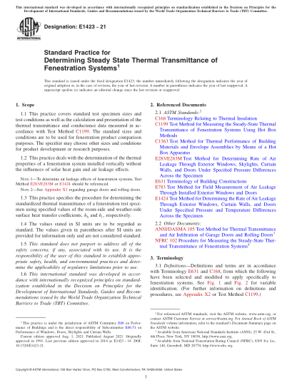 ASTM E1423-2021Standard Practice for Determining Steady State Thermal Transmittance of Fenestration Systems