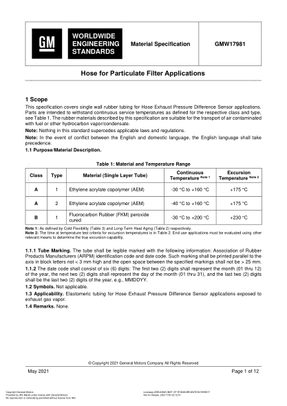 GMW 17981-2021Hose For Particulate Filter Applications (Issue 2; English; See Also Gmw Cg5339)
