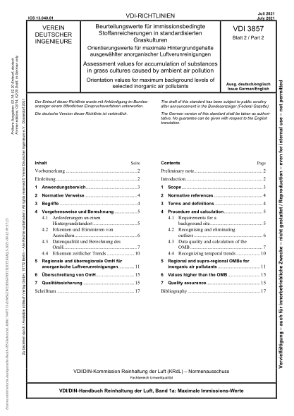 VDI 3857 Blatt 2-2021Assessment values for accumulation of substances in grass cultures caused by ambient air pollution - Orientation values for maximum background levels of selected inorganic air pollutants