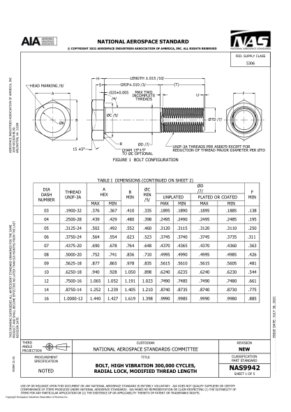 AIA/NAS NAS9942-2021Bolt, High Vibration 300,000 Cycles, Radial Lock, Modified Thread Length