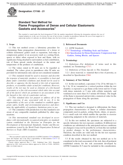 ASTM C1166-2021Standard Test Method for Flame Propagation of Dense and Cellular Elastomeric Gaskets and Accessories