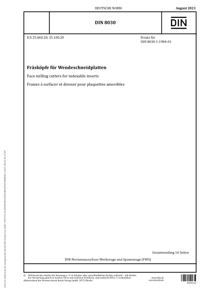 DIN 8030-2021Face milling cutters for indexable inserts