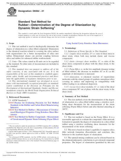 ASTM D8362-2021Standard Test Method for Rubber—Determination of the Degree of Silanization by Dynamic Strain Softening