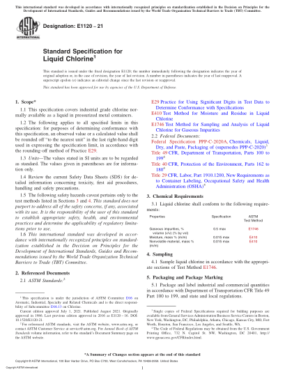 ASTM E1120-2021Standard Specification for Liquid Chlorine