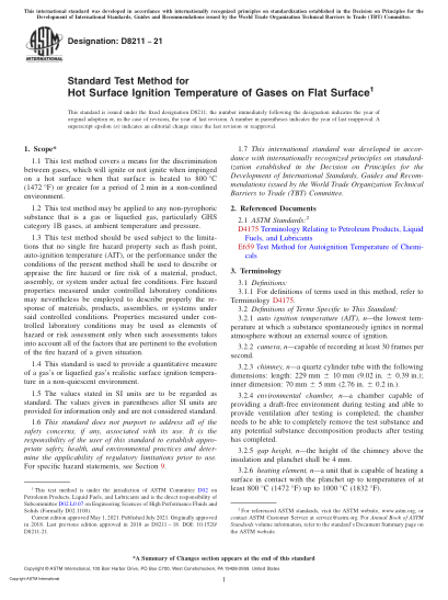 ASTM D8211-2021Standard Test Method for Hot Surface Ignition Temperature of Gases on Flat Surface
